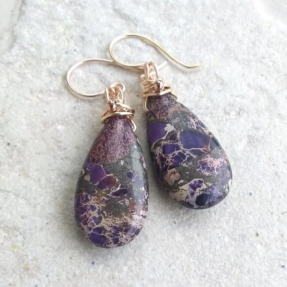 Purple & Plum Sea Sediment Jasper Teardrop + Rose Gold ~ Bold Dangle Earrings - Picture 5 of 12